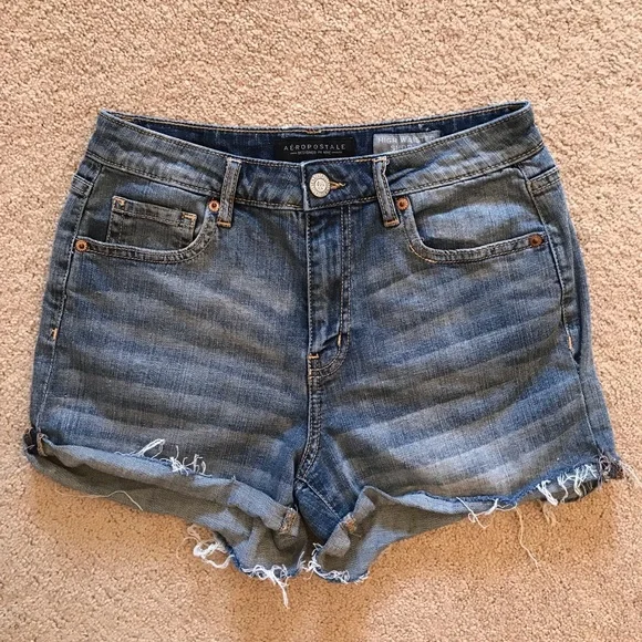 Aeropostale High Waist Denim Shorts Womens Size 6 Raw Frayed Hem Blue - Picture 1 of 13